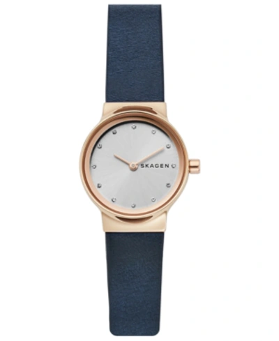 Skagen Freja Crystal Accent Leather Strap Watch, 26mm In Navy