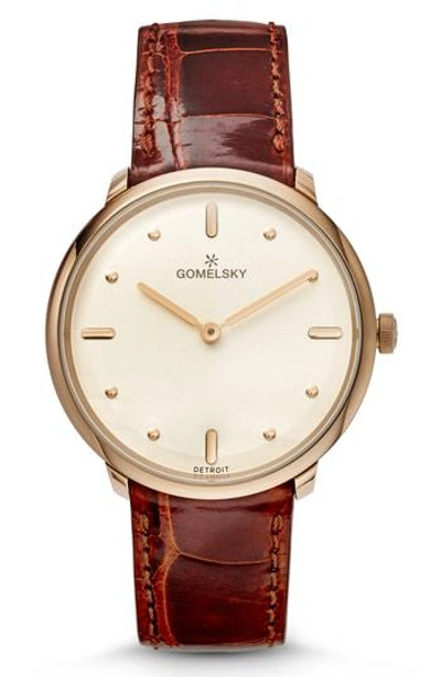 Gomelsky The Lois Alligator Strap Watch, 36mm In Chestnut/ Cream/ Champagne