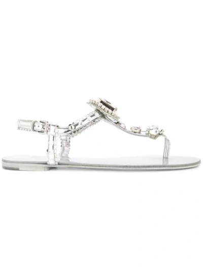 Dolce & Gabbana Mirrored Calfskin Sandals With Bejeweled Appliqué In Silver