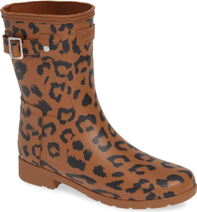 Hunter Original Leopard Print Refined Short Waterproof Rain Boot In Thicket