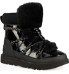 Ugg Highland Waterproof Patent/shearling Lace-up Boots In Black Leather