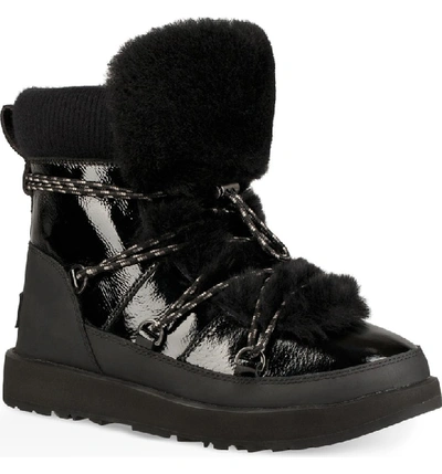 Ugg Highland Waterproof Patent/shearling Lace-up Boots In Black Leather