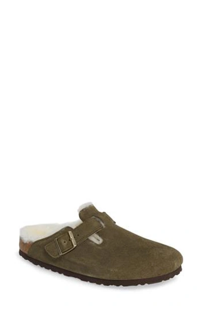 Birkenstock 'boston' Genuine Shearling Lined Clog In Forest/ Natural Suede