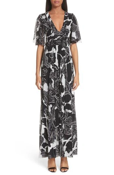Fuzzi Deco Floral Print Tulle Flutter Sleeve Maxi Dress In Nero