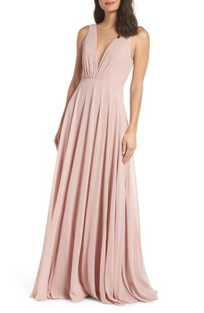 Jenny Yoo Ryan Illusion Neck Chiffon Gown In Whipped Apricot