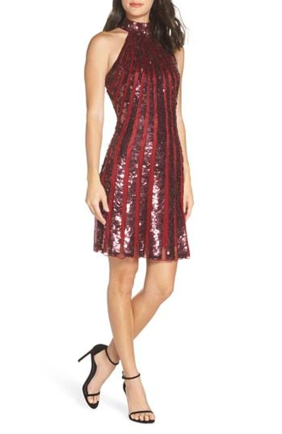Mac Duggal Sequin Stripe Cocktail Sheath In Burgundy