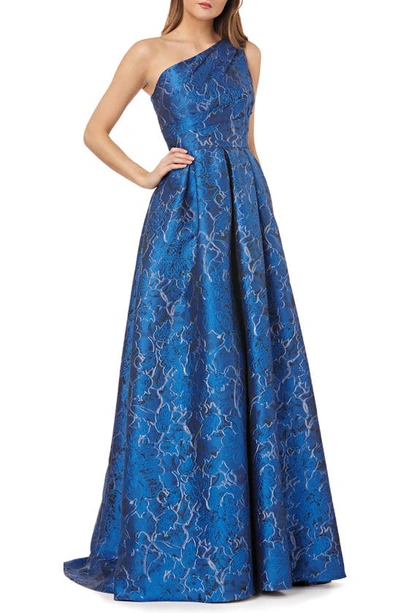 Carmen Marc Valvo Infusion One-shoulder Pleated Floral Gown In Sapphire/ Sil
