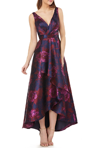 Carmen Marc Valvo Infusion High/low Floral Ball Gown In Fuchsia/ Navy