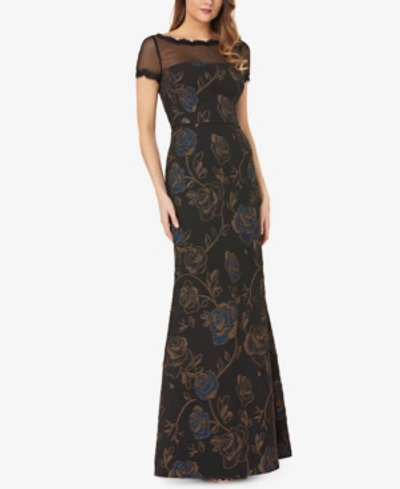 Js Collections Illusion Neck Matelasse Trumpet Gown In Black/blue