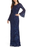 Mac Duggal Sequin Bell Sleeve Gown In Midnight