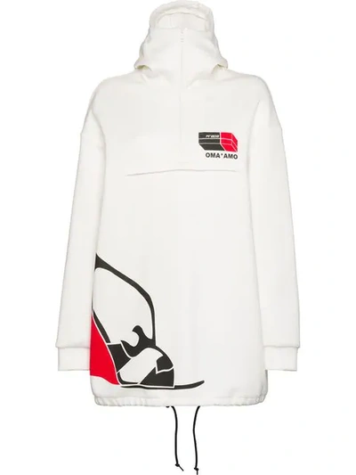 Prada Fleece Logo Print Hoodie In F0xgy White+white + Red