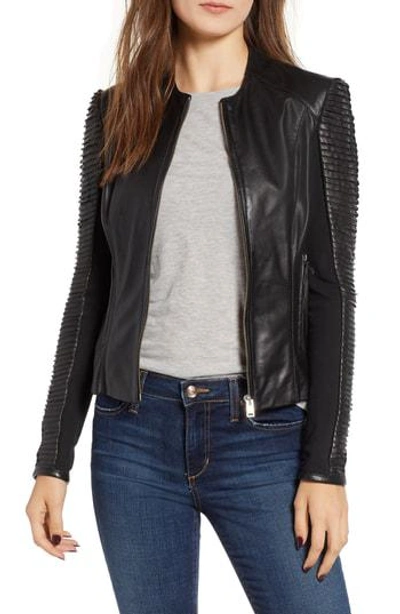 Lamarque Collarless Pleated Sleeve Leather Jacket In Black
