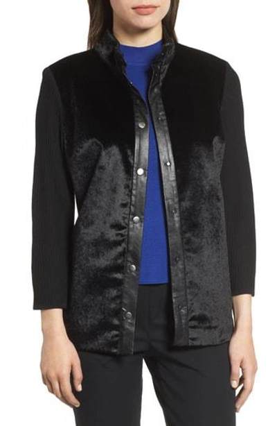 Ming Wang Faux Fur Snap Front Jacket In Black