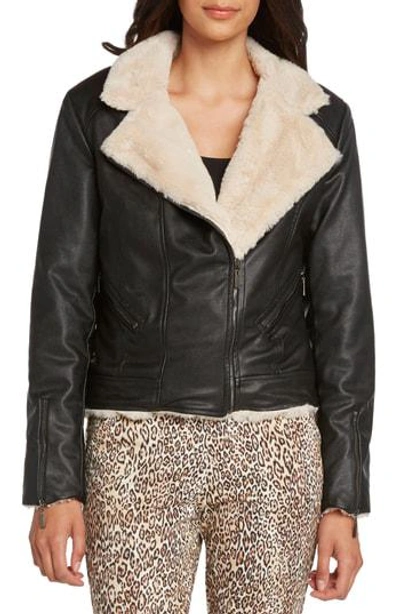 Willow & Clay Faux Fur Lined Moto Jacket In Black