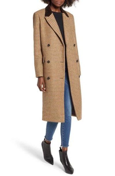 Moon River Houndstooth Double Breasted Coat In Brown Plaid