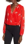 Astr Pleated Long Sleeve Surplice Top In Red Floral