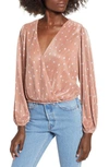 Astr Pleated Long Sleeve Surplice Top In Taupe Polka Dot