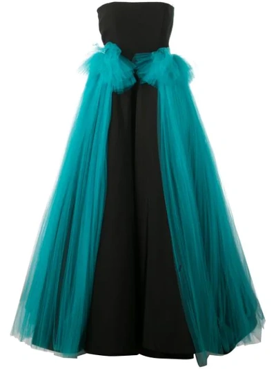 Christian Siriano Contrast Strapless Silk Gown In Black/turquoise