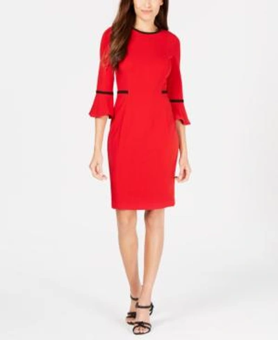 Calvin Klein Petite Piped Bell-sleeve Sheath Dress In Red/black