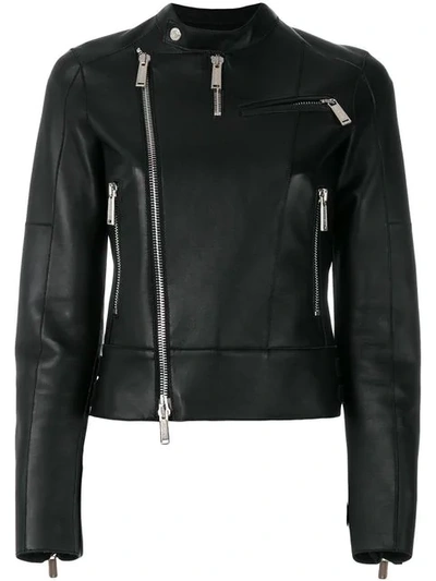 Dsquared2 Band Collar Leather Jacket In Black