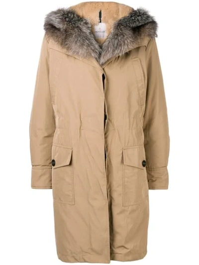 Moncler Zipped Hooded Parka Coat In Neutrals