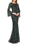 Carmen Marc Valvo Infusion Sequin Embroidered Trumpet Gown In Green