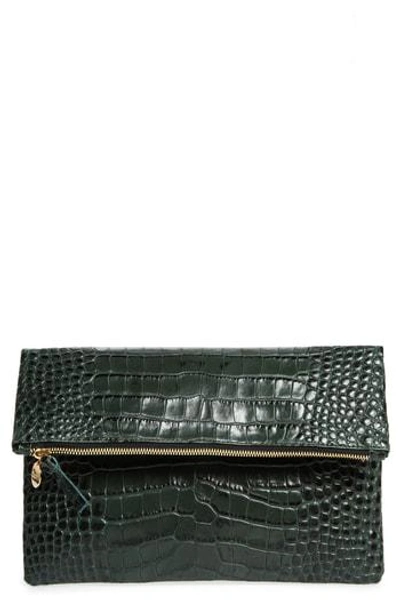 Clare V Croc Embossed Leather Foldover Clutch - Black In Midnight Croco