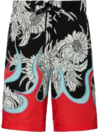 Prada Flame And Dahlia-print Bermuda Swim Trunks In Black