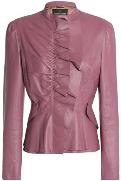 Roberto Cavalli Woman Ruffle-trimmed Leather Jacket Lavender