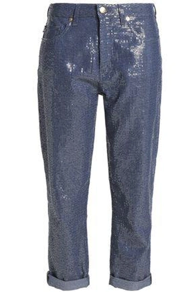 Love Moschino Woman Cropped Sequin Boyfriend Jeans Mid Denim