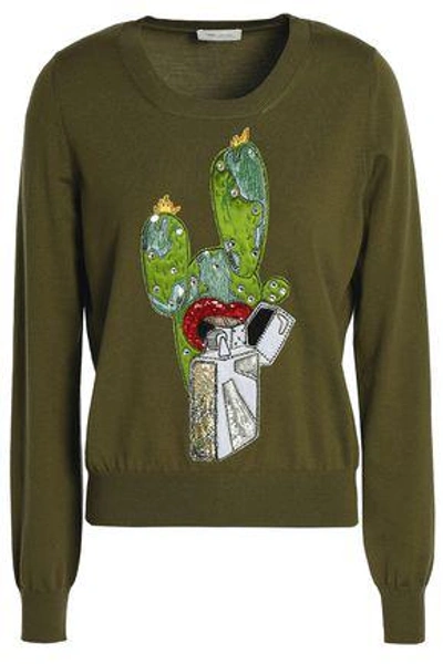 Marc Jacobs Woman Embellished Appliquéd Wool-blend Top Army Green