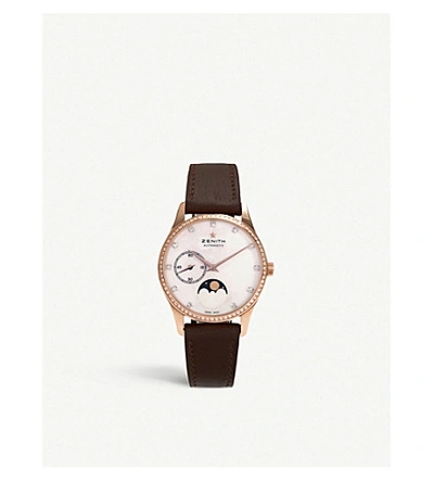 Zenith 22.2310.692/81.c709 Elite Lady Moonphase Rose-gold And Calfskin-leather Automatic Watch In Brown