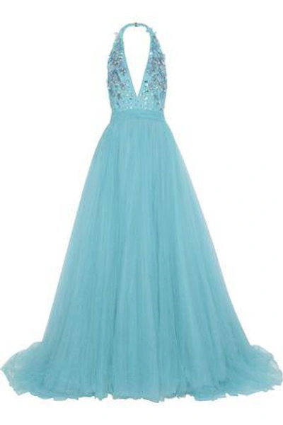 Jenny Packham Woman Embellished Tulle Halterneck Gown Sky Blue In Turquoise