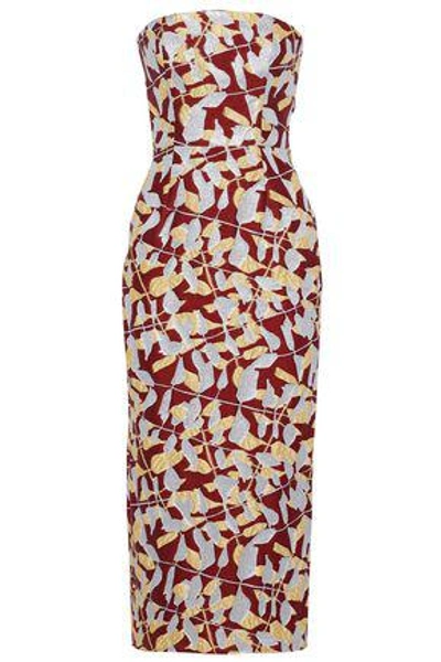 J.mendel Strapless Metallic Jacquard Midi Dress In Claret