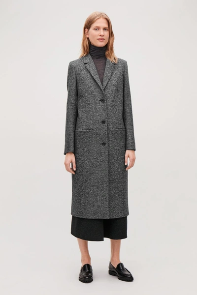 Cos Long Herringbone Wool Coat In Grey