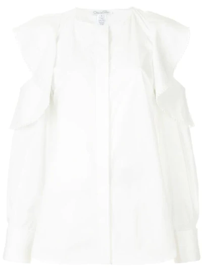 Oscar De La Renta Ruffled Cold-shoulder Long-sleeve Cotton Blouse In White