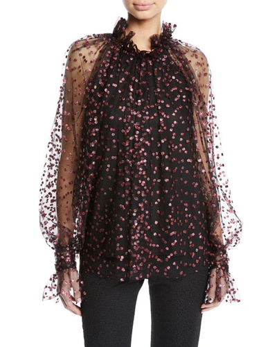 Monique Lhuillier Glitter-confetti Frilled Tulle Blouse In Black/pink