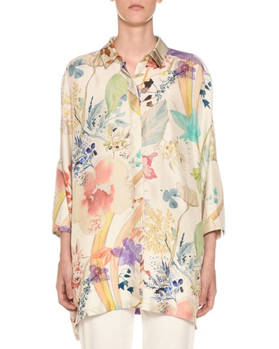 Agnona 3/4-sleeve Floral-print Button Front Poncho Shirt In Beige