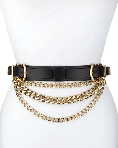 Veronica Beard Linette Vanchetta Double-buckle Leather Belt With Chains In Black/gold