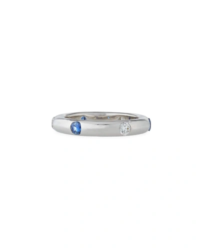 Adolfo Courrier 18k White Gold Band Ring With Inset Diamonds & Sapphire