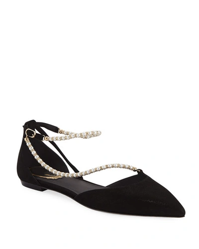 René Caovilla Asymmetric Pearly Ballet Flats In Black