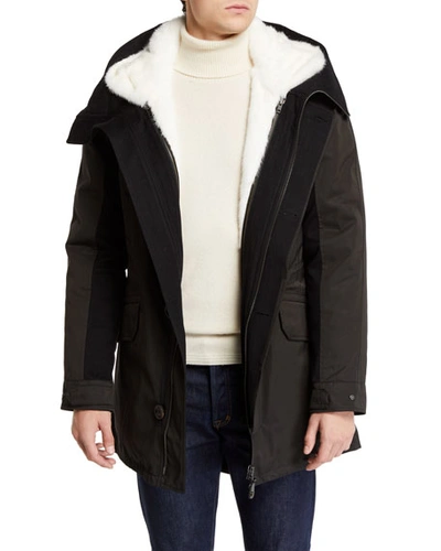 Yves Salomon Men's Nylon Long Parka With Mink Lining In Black/white