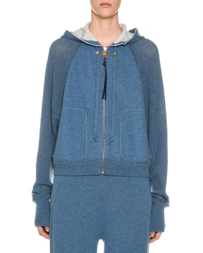 Agnona Cashmere Netted-sleeve Zip-front Hoodie In Blue