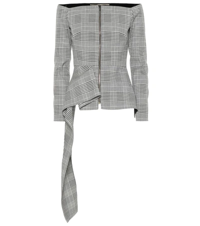 Roland Mouret Endfield Glen-check Off-the-shoulder Dress-back Blouse In Grey