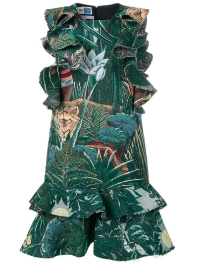 Kenzo Printed Flowers Short Dress With Ruffles In Green