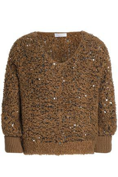 Brunello Cucinelli Woman Sequin-embellished Bouclé-knit Sweater Camel