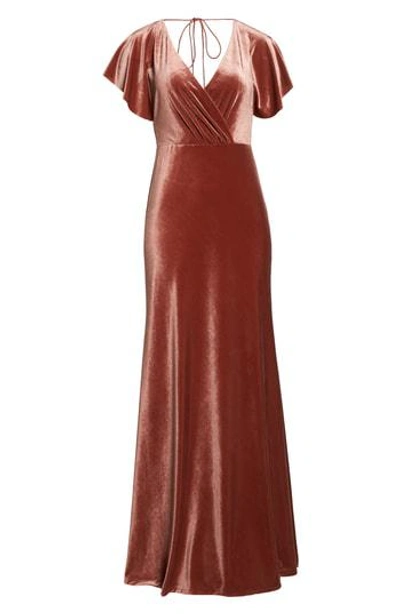 Jenny Yoo Ellis Flutter Sleeve Stretch Velvet Gown In English Rose