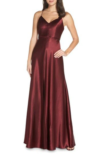 Jenny Yoo Dina V-neck Satin Crepe Gown In Hibiscus