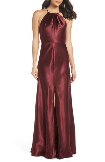 Jenny Yoo Cameron Halter Neck Satin Back Gown In Hibiscus