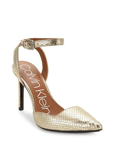 Calvin Klein Rafaella Shiny Snake Print Ankle strap Pumps In Soft